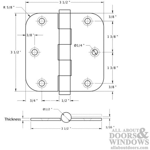 3.5 x 3.5 Inch Solid Brass Door Hinges 5/8 Inch Radius Pair Choose Color - 3.5 x 3.5 Inch Solid Brass Door Hinges 5/8 Inch Radius Pair Choose Color