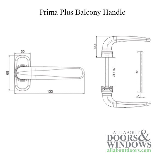 Giesse Prima Plus Balcony Handles, Interior / Exterior, Non Locking - Giesse Prima Plus Balcony Handles, Interior / Exterior, Non Locking