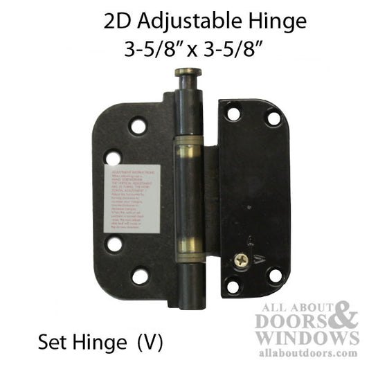 2D Adjustable Set Hinge (V) 3-5/8 x 3-5/8, Inswing Doors - Brown / Antique Brass