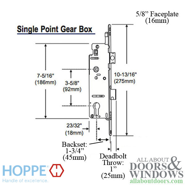 Hoppe Mortise Single Point Lock - 14mm Deadbolt Throw, 16mm Faceplate, 45/92 Gear - Hoppe Mortise Single Point Lock - 14mm Deadbolt Throw, 16mm Faceplate, 45/92 Gear