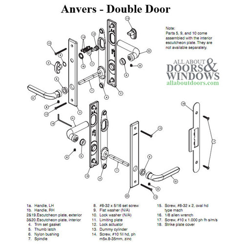 Hardware Kit, Double Door, Anvers, Active / Passive - Satin Nickel - Hardware Kit, Double Door, Anvers, Active / Passive - Satin Nickel