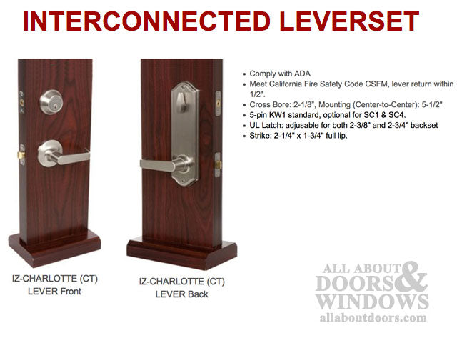 Interconnected Lock, 5-1/2 Centers, Grade 2 Keyed Lever, Left Hand - Satin Nickel - Interconnected Lock, 5-1/2 Centers, Grade 2 Keyed Lever, Left Hand - Satin Nickel