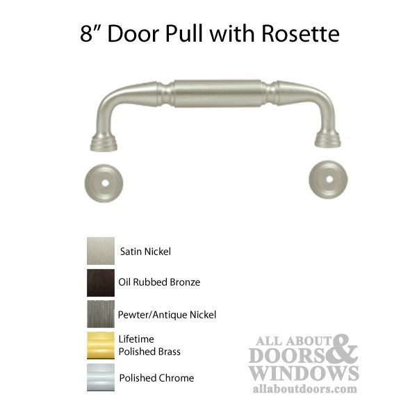 8'' Door Pull with Rosette, Solid Brass - Choose Finish - 8'' Door Pull with Rosette, Solid Brass - Choose Finish