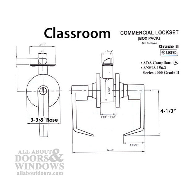 Classroom Lever Lock, 2-3/4bs,  Commercial Grade 2 - (26D) Satin Chrome - Classroom Lever Lock, 2-3/4bs,  Commercial Grade 2 - (26D) Satin Chrome