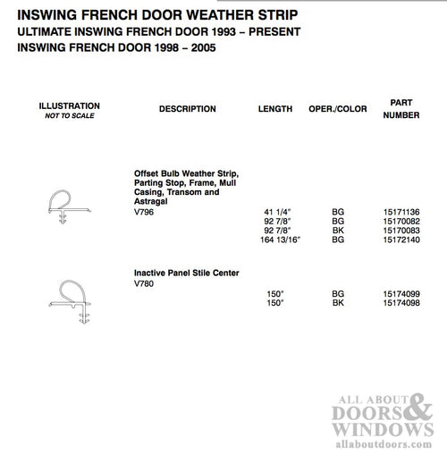 Marvin Clad inswing wood door jamb weatherstrip V796 Bulb, Frame 92-7/8