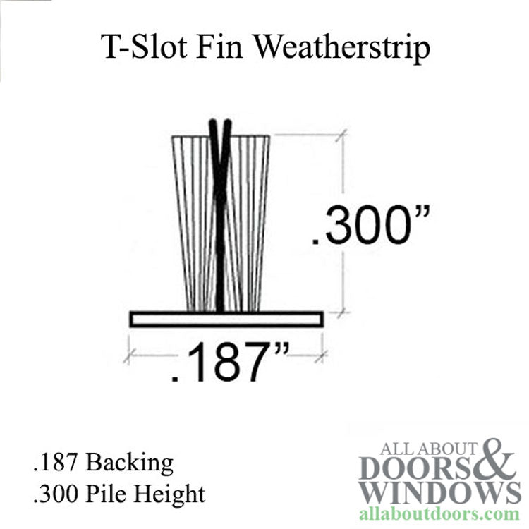 Weatherstrip For Storm Door T Slot Fin Seal  .187 Inch Backing .300 Inch Pile - Weatherstrip For Storm Door T Slot Fin Seal  .187 Inch Backing .300 Inch Pile