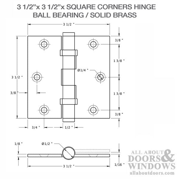 Door Hinge 3.5 x 3.5  Square Corners, Brass Ball Bearing - Door Hinge 3.5 x 3.5  Square Corners, Brass Ball Bearing