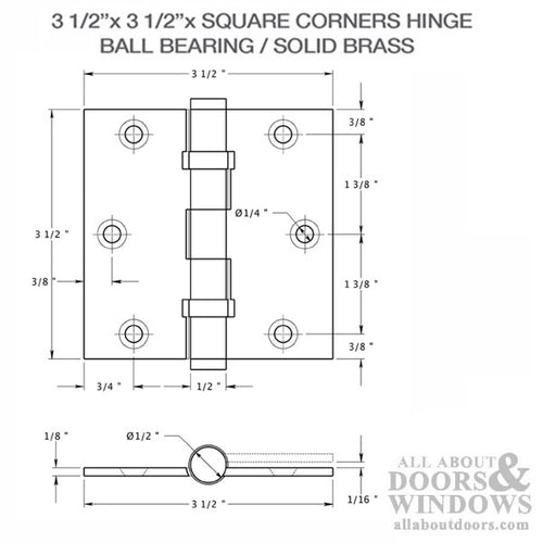 Door Hinge 3.5 x 3.5  Square Corners, Brass Ball Bearing - Door Hinge 3.5 x 3.5  Square Corners, Brass Ball Bearing