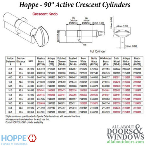 35.5 / 55.5 HOPPE Non-Logo 90 Profile Cylinder Lock - 35.5 / 55.5 HOPPE Non-Logo 90 Profile Cylinder Lock