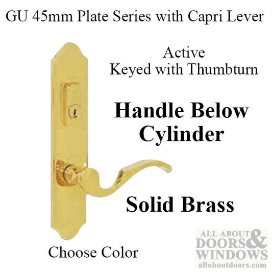 G-U Capri Lever, 45mm Plate, Solid Brass, Active, Keyed with Thumbturn (Lever Below Cylinder) - Choose Color