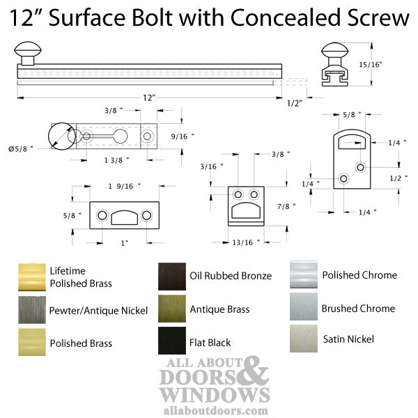 12'' Concealed Screw Surface Bolt, Brass - Choose Finish - 12'' Concealed Screw Surface Bolt, Brass - Choose Finish