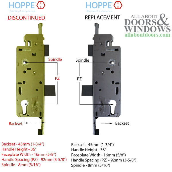 HOPPE 71 - 85-1/2 inch Tongue Multipoint Lock, 45mm backset Discontinued - See Replacement Options - HOPPE 71 - 85-1/2 inch Tongue Multipoint Lock, 45mm backset Discontinued - See Replacement Options