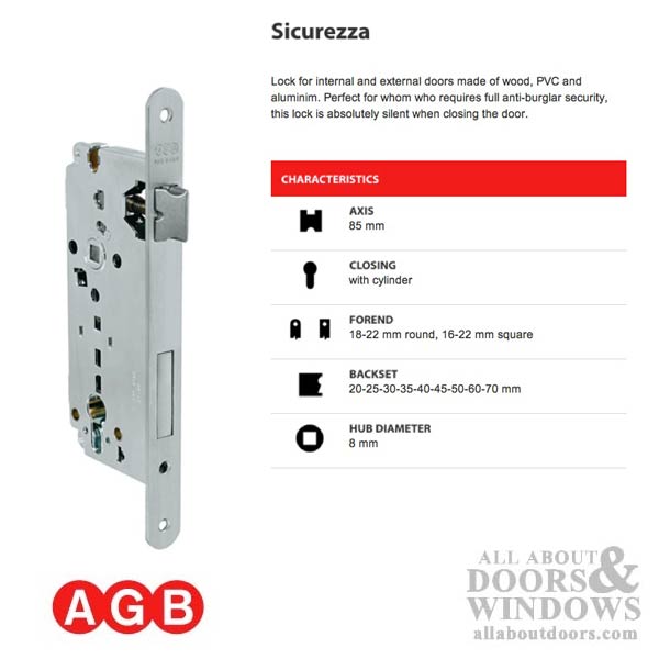 Single Point Mortise Lock Body 35/85 AGB - Chrome - Single Point Mortise Lock Body 35/85 AGB - Chrome