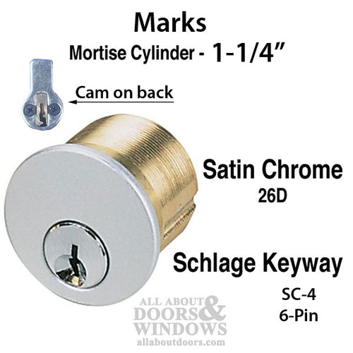 Marks 1-1/4 Threaded Mortise Cylinder, Schlage 6-pin Key - Satin Brushed Chrome - Marks 1-1/4 Threaded Mortise Cylinder, Schlage 6-pin Key - Satin Brushed Chrome