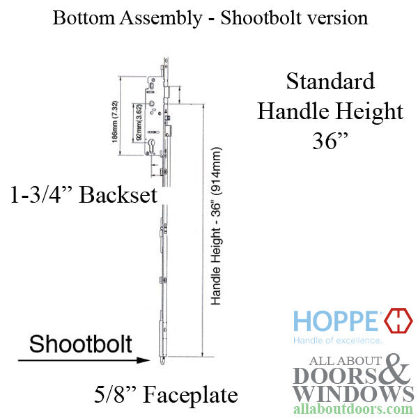 16 mm Manual Shootbolt Gear, Hoppe 45/92mm, 36 Inch Handle Height - SS - 16 mm Manual Shootbolt Gear, Hoppe 45/92mm, 36 Inch Handle Height - SS