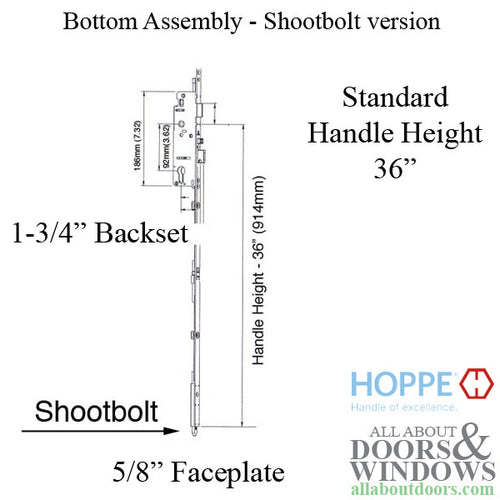 16 mm Manual Shootbolt Gear, Hoppe 45/92mm, 36 Inch Handle Height - SS - 16 mm Manual Shootbolt Gear, Hoppe 45/92mm, 36 Inch Handle Height - SS