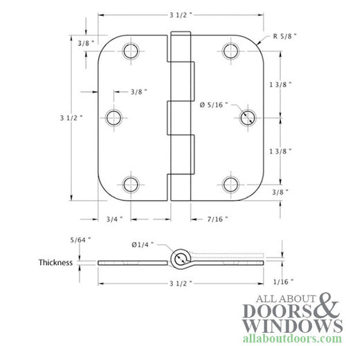 Residential Door Hinge 3.5 x 3.5 x 5/8 Radius Corner, No Screws - Residential Door Hinge 3.5 x 3.5 x 5/8 Radius Corner, No Screws