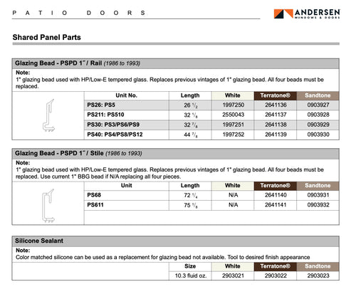 Andersen - Perma-Shield Gliding Doors Glazing Bead, PSPD 1 Stiles,  PS68,  1982-Present - Terratone - Andersen - Perma-Shield Gliding Doors Glazing Bead, PSPD 1 Stiles,  PS68,  1982-Present - Terratone