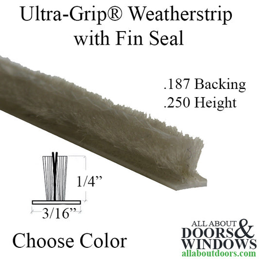 Weatherstrip .187 T-Backing x .250 Fuzzy Pile with Fin Seal, UltraGrip® - Choose Color