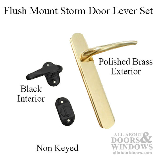 4 Post Flush Mount Storm Door Lever Set, 1 inch Door - Polished Brass Exterior, Black Interior