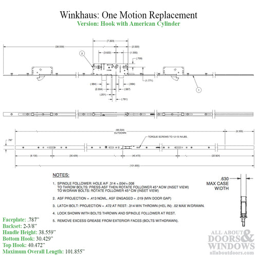 P2000 20mm 60/92 Active Lower 1 Hook European Winkhaus OML Replacement - P2000 20mm 60/92 Active Lower 1 Hook European Winkhaus OML Replacement