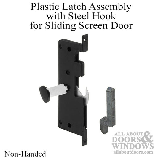 Non-Handed Plastic Latch Assembly with Steel Hook for Sliding Screen Door - Black