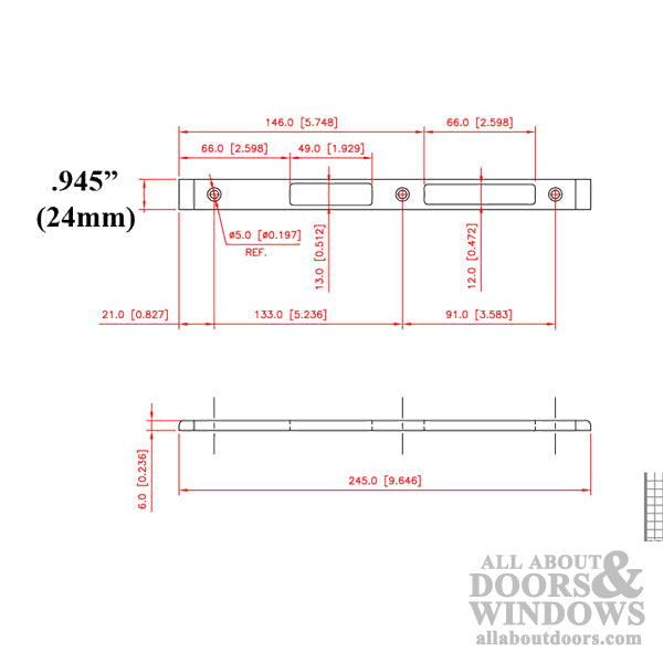 Strike Plate, Raised Latch & Deadbolt,  24mm x 227mm x 6mm - Left - Strike Plate, Raised Latch & Deadbolt,  24mm x 227mm x 6mm - Left