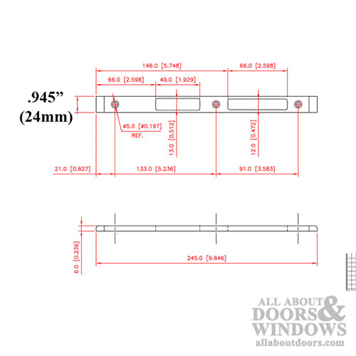 Strike Plate, Raised Latch & Deadbolt,  24mm x 227mm x 6mm - Left - Strike Plate, Raised Latch & Deadbolt,  24mm x 227mm x 6mm - Left