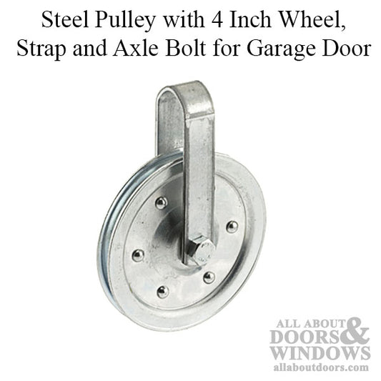 Steel Pulley with 4 Inch Wheel, Strap and Axle Bolt for Garage Door