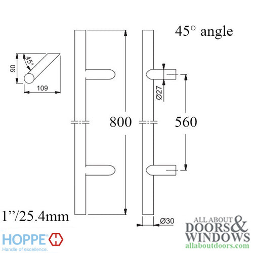 HOPPE Bar-Shaped Round 45 Degree Angle Pull Handle 31-1/2