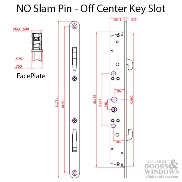 Double Hook Mortise Lock for Sliding Doors Off Center Hole NO Slam Pin - Double Hook Mortise Lock for Sliding Doors Off Center Hole NO Slam Pin