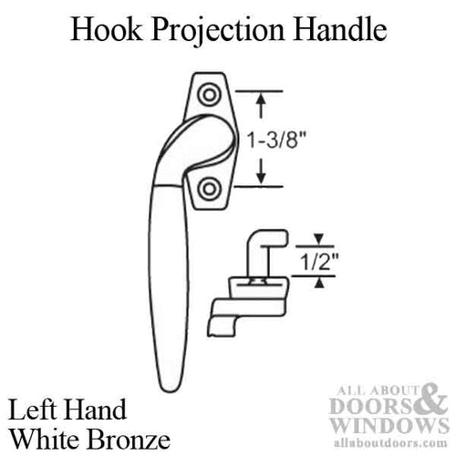 Project-In handle, 1-3/8 screw holes, 1/2” Hook Projection, Left Hand - White Bronze - Project-In handle, 1-3/8 screw holes, 1/2” Hook Projection, Left Hand - White Bronze