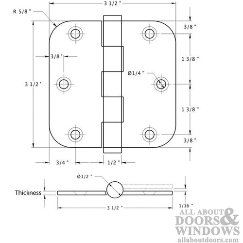 3.5 x 3.5 inch, 5/8 Radius Corners, Residential Hinges, Solid Brass, Pair, Choose Finish - 3.5 x 3.5 inch, 5/8 Radius Corners, Residential Hinges, Solid Brass, Pair, Choose Finish