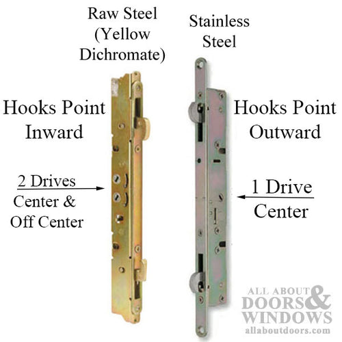 2-point Double Hook Sliding door lock, Center Drive, No Faceplate - Choose Material - 2-point Double Hook Sliding door lock, Center Drive, No Faceplate - Choose Material