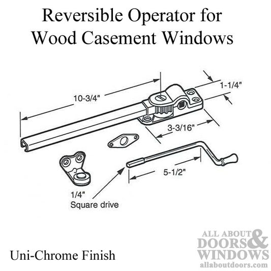 Operator, Casement, Wood, 10-3/4” Arm, 1/4” Sq. Drive, Non-Handed, Uni-Chrome Finish