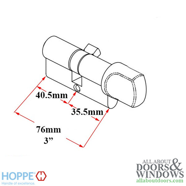 35.5/40.5 Hoppe 76mm Euro 90° Profile cylinder, small thumb turn - Stainless Steel - 35.5/40.5 Hoppe 76mm Euro 90° Profile cylinder, small thumb turn - Stainless Steel