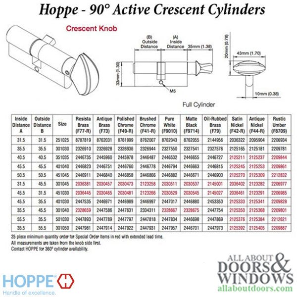 55.5/35.5 Hoppe Non Logo 90° Active Keyed Euro Profile Cylinder, Crescent Knob - 55.5/35.5 Hoppe Non Logo 90° Active Keyed Euro Profile Cylinder, Crescent Knob