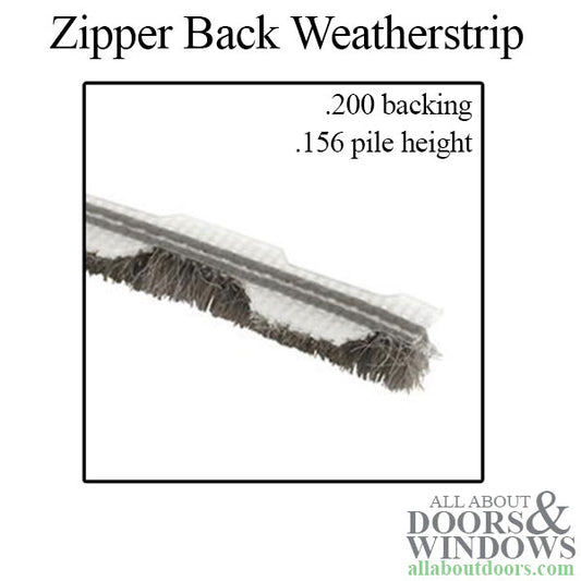 Weatherstrip With Zipper Back For Doors and Windows Grey Weather Seal  .200 Inch Backing .156 Inch Pile Height