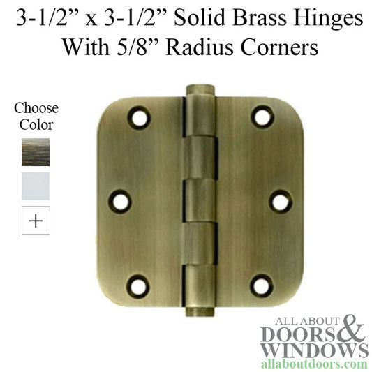 3.5 x 3.5 inch, 5/8 Radius Corners, Standard Hinges, Solid Brass, Pair, Choose Color