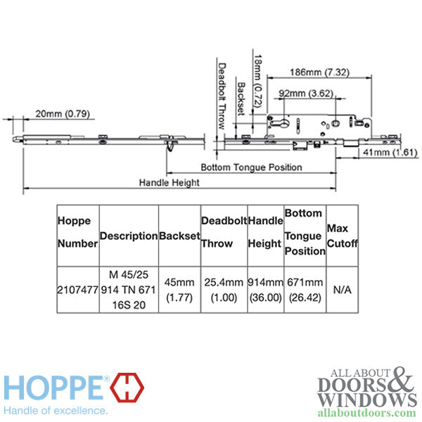 16mm Manual Tongue-Shootbolt 45/92 Gear, Tongue @ 26.42