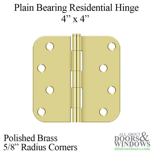 4" x 4" Plain Bearing Hinge, 5/8" Radius, Solid Brass - Polished Brass