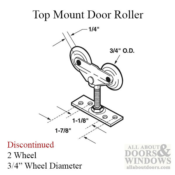 2 Wheel, 3/4 inch Dia., Top Mount Closet Door Roller - 2 Wheel, 3/4 inch Dia., Top Mount Closet Door Roller