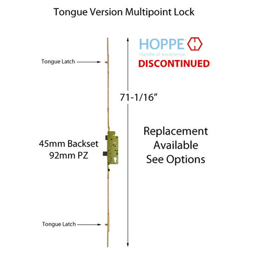 HOPPE 71 - 85-1/2 inch Tongue Multipoint Lock, 45mm backset Discontinued - See Replacement Options - HOPPE 71 - 85-1/2 inch Tongue Multipoint Lock, 45mm backset Discontinued - See Replacement Options