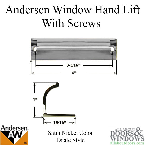 Andersen Tilt-Wash (DC) and Tilt-Wash (TW) Windows - Estate Hand Lifts w/ Screws - Satin Nickel - Andersen Tilt-Wash (DC) and Tilt-Wash (TW) Windows - Estate Hand Lifts w/ Screws - Satin Nickel