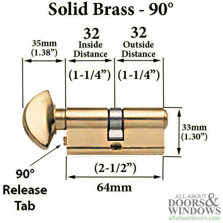 Keyed Euro Profile Cylinder Solid Brass 90° Polished Brass - Keyed Euro Profile Cylinder Solid Brass 90° Polished Brass