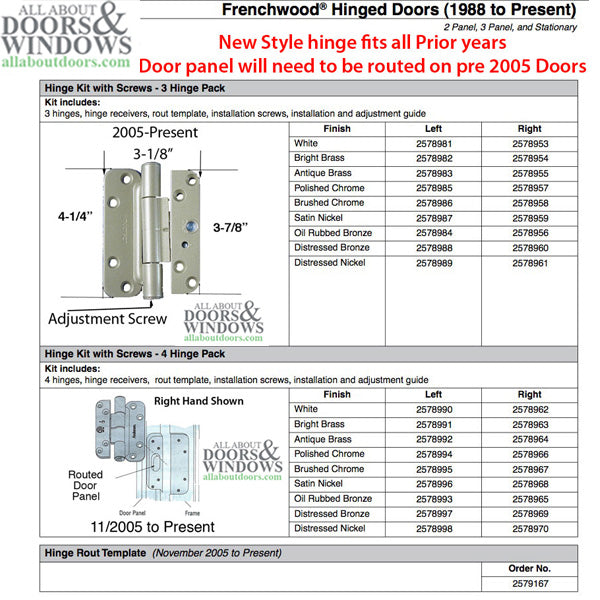 Discontinued - Andersen 1992-2005 Hinge, Right Hand -  Brushed/Satin Nickel - Discontinued - Andersen 1992-2005 Hinge, Right Hand -  Brushed/Satin Nickel