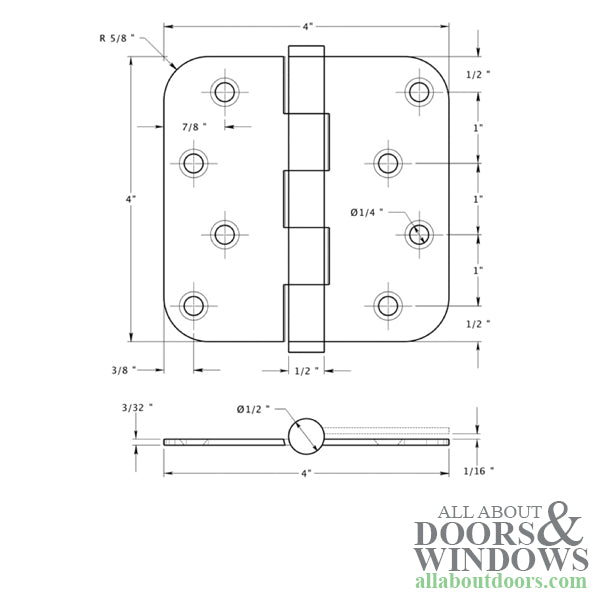 4 x 4 inch Solid Brass Hinge, 5/8 Radius Corners, Residential - 4 x 4 inch Solid Brass Hinge, 5/8 Radius Corners, Residential