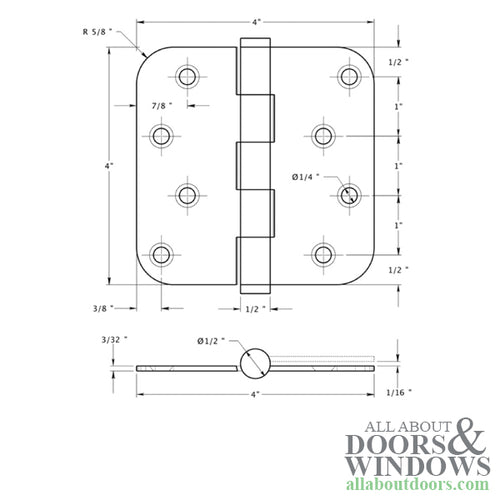 4 x 4 inch Solid Brass Hinge, 5/8 Radius Corners, Residential - 4 x 4 inch Solid Brass Hinge, 5/8 Radius Corners, Residential