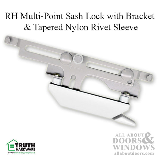 Right Hand Multi-Point Sash Lock with Bracket & Tapered Nylon Rivet Sleeve for Tie Bar Applications - White