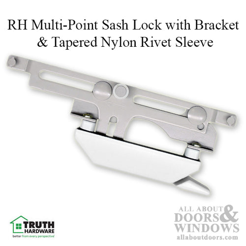 Right Hand Multi-Point Sash Lock with Bracket & Tapered Nylon Rivet Sleeve for Tie Bar Applications - White - Right Hand Multi-Point Sash Lock with Bracket & Tapered Nylon Rivet Sleeve for Tie Bar Applications - White